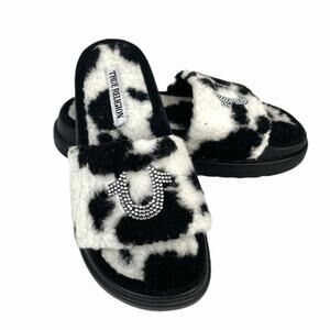True Religion Lamia Fuzzy Slides, Cow Print Black White Size 7